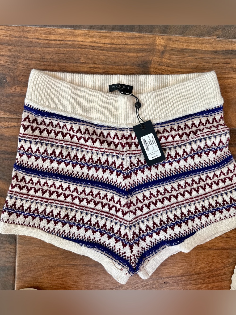 Rag & Bone NWT 100% Wool Fair Isle Knit Shorts Ivory Burgundy Large